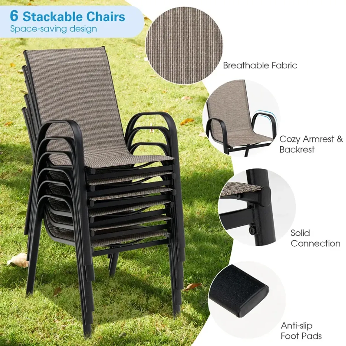 6 Pieces Patio Stackable Dining Chairs with Curved Armrests and Breathable Fabric