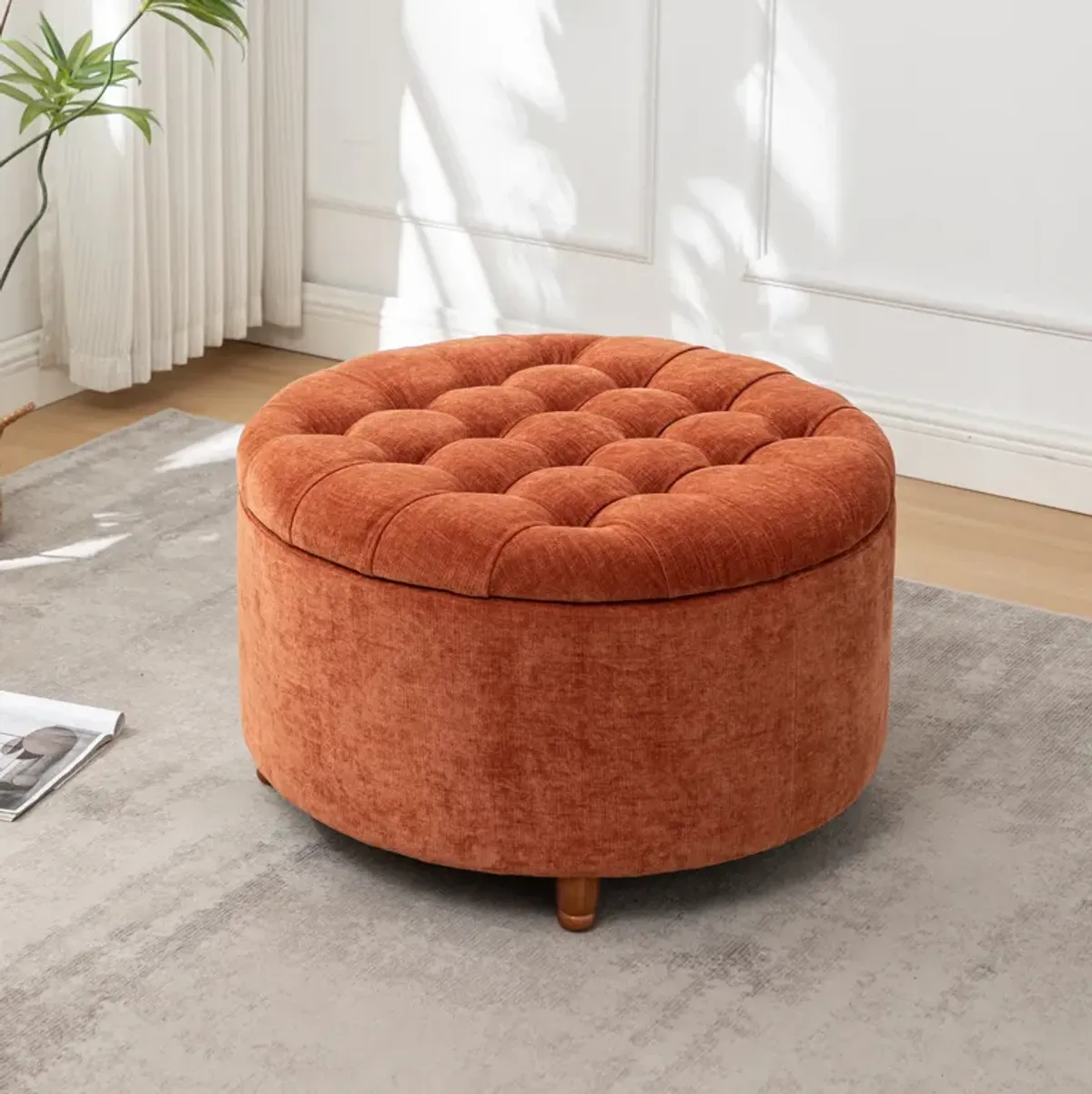 Prescott Large Round Tufted Storage Ottoman - Cream Faux Leather