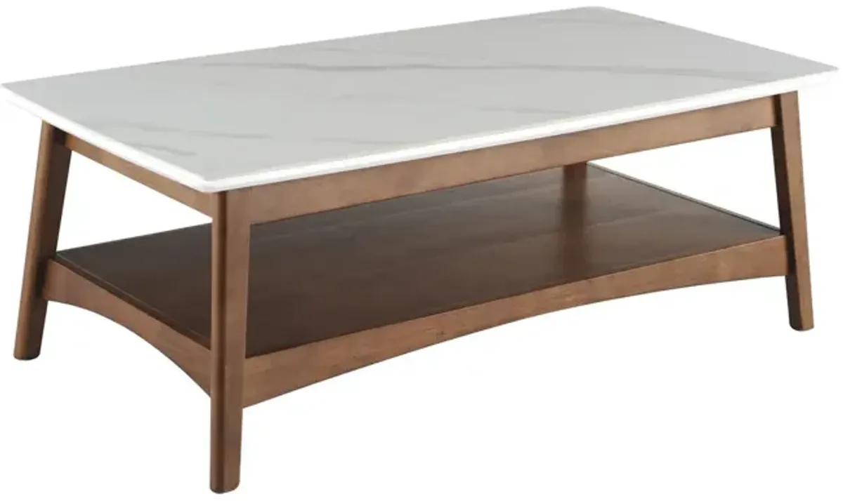 48 Walnut And White Stone Rectangular Coffee Table With Shelf