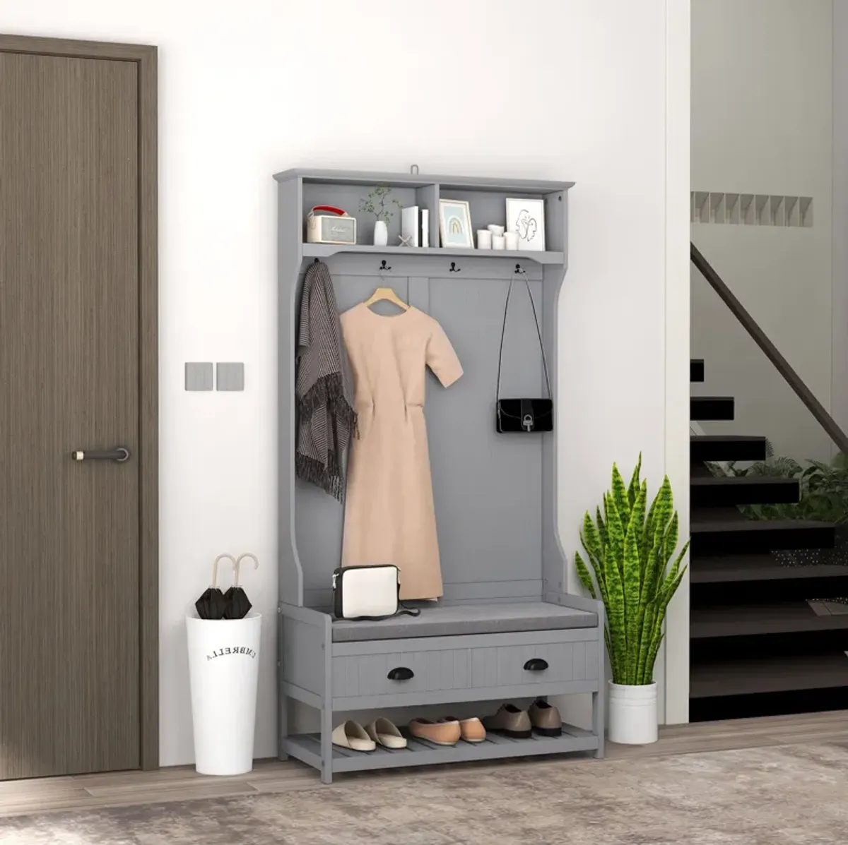 Gray 3-in-1 Hall Tree: Coat Rack, Shoe Rack, Storage Drawers