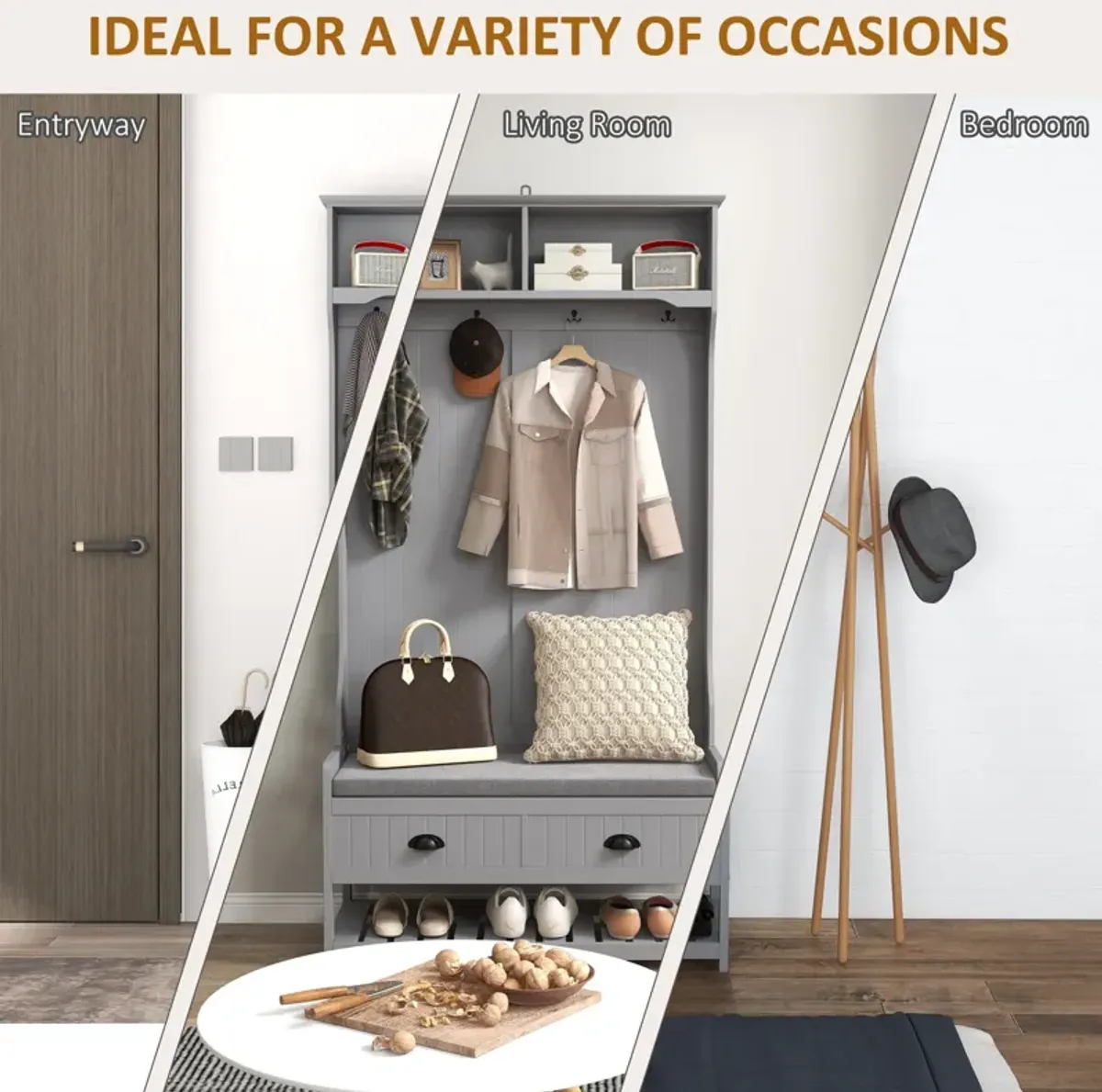 Gray 3-in-1 Hall Tree: Coat Rack, Shoe Rack, Storage Drawers