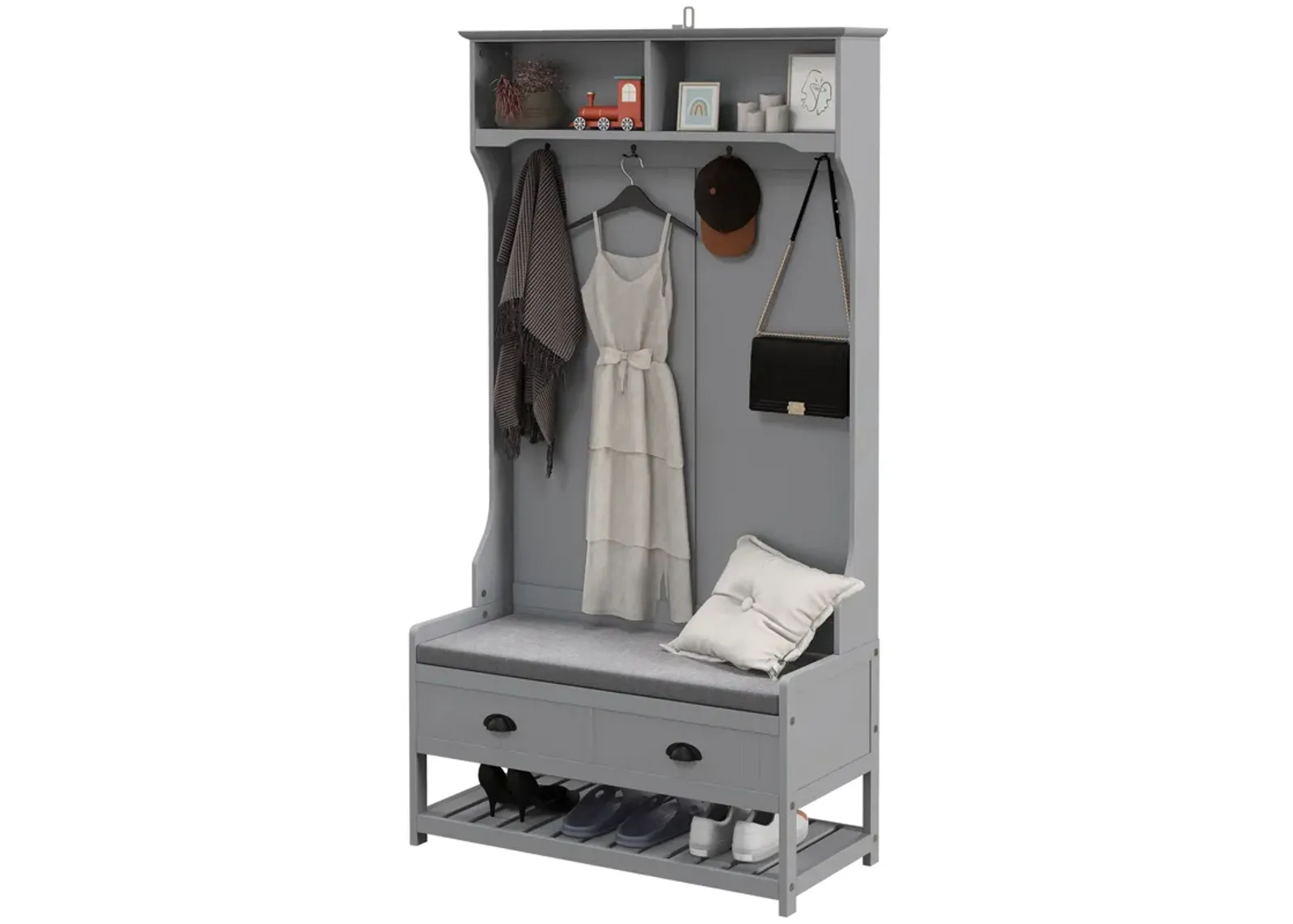 Gray 3-in-1 Hall Tree: Coat Rack, Shoe Rack, Storage Drawers