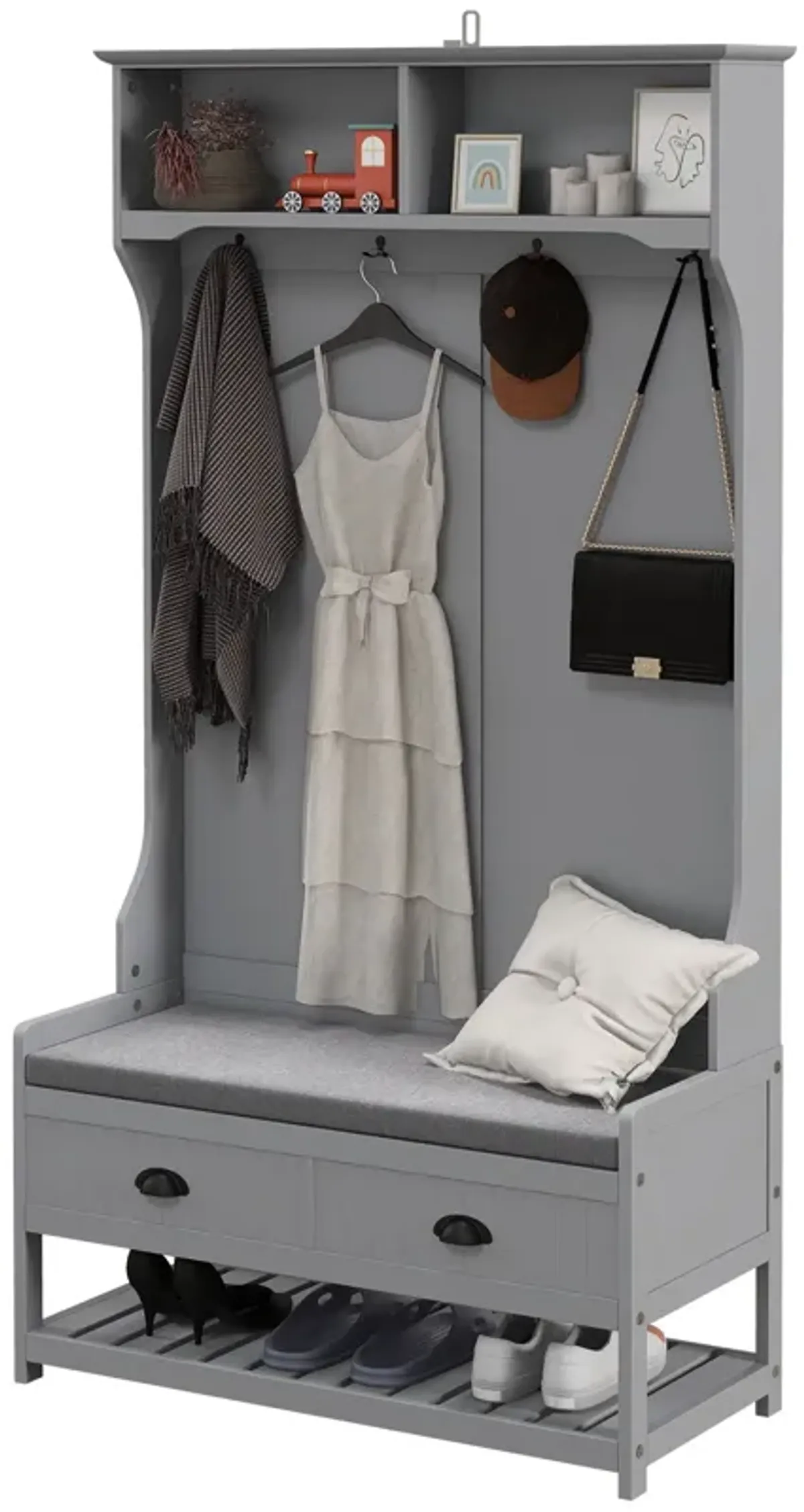 Gray 3-in-1 Hall Tree: Coat Rack, Shoe Rack, Storage Drawers