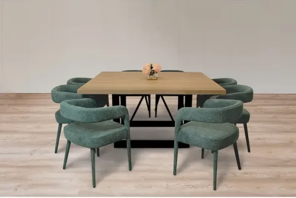9-Piece Dining Set 8 Galway Chairs in Teal Linen Sturdy Metal Frame
