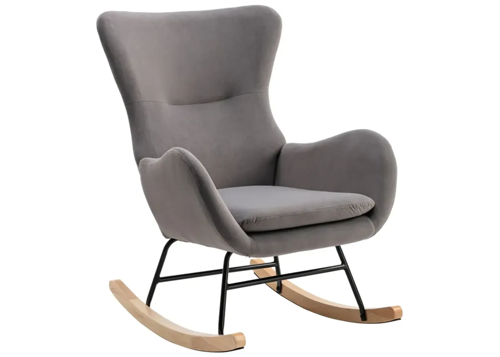 Velvet Fabric Padded Seat Rocking Chair With High Backrest And Armrests