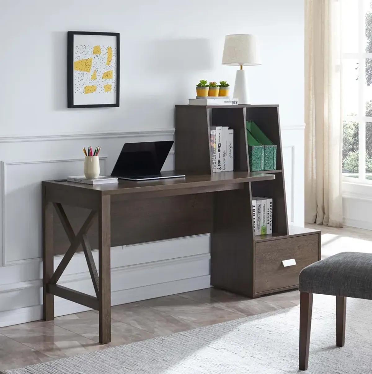Walnut Oak Home Office Desk with 2 Shelves & File Cabunet