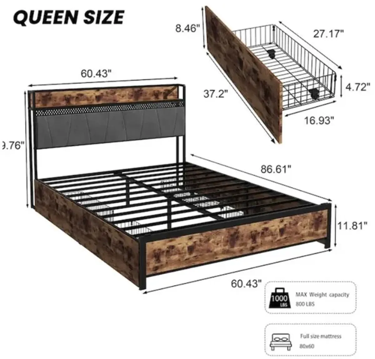 Brown Queen Metal Bed Frame with Storage and Storage Headboard Combo