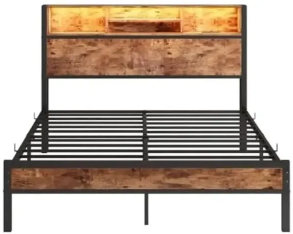 Brown Queen Metal Bed Frame with Storage and Storage Headboard Combo