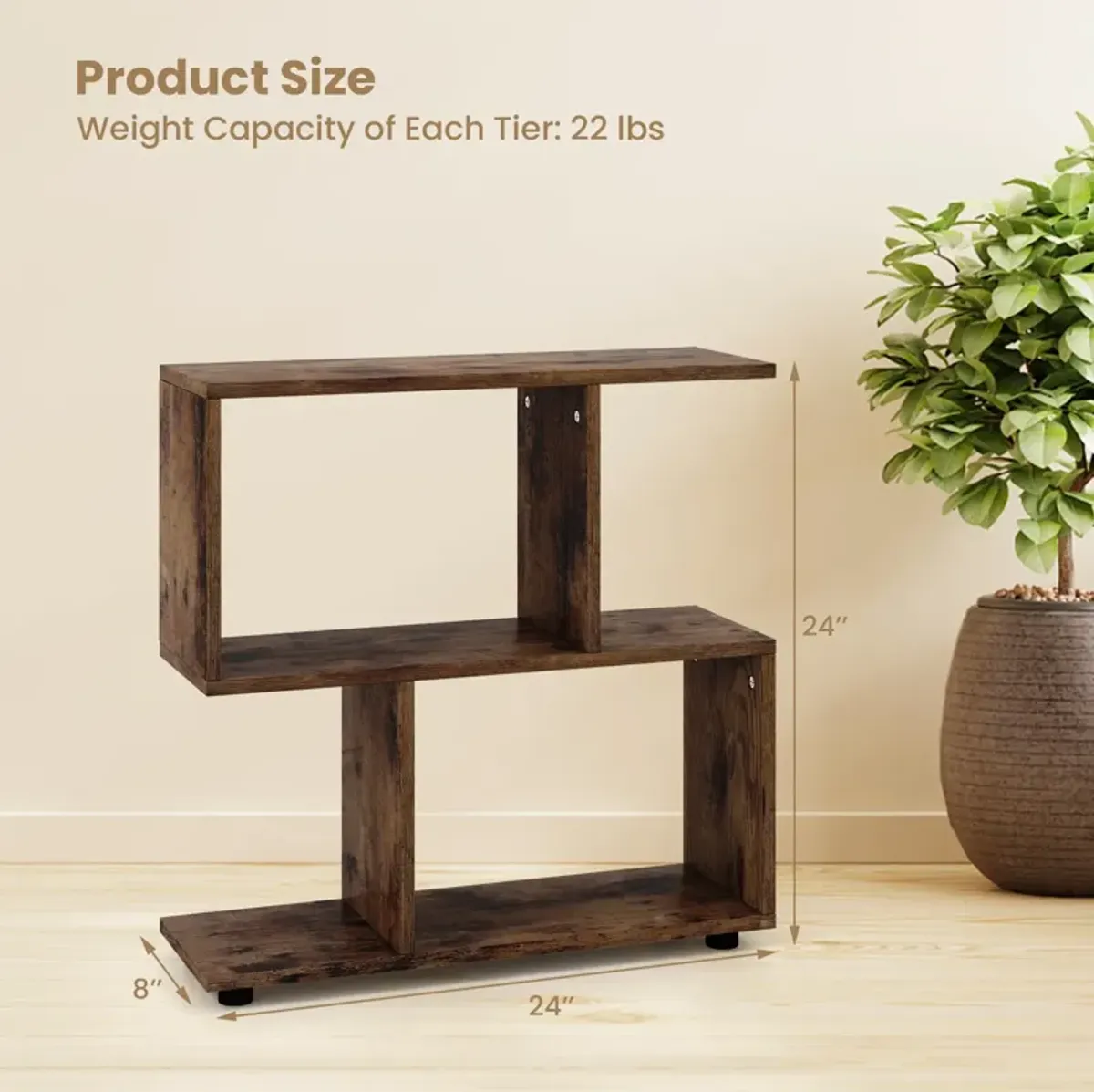 24 Inch 3-Tier Geometric Bookshelf with Thick Foot Pads