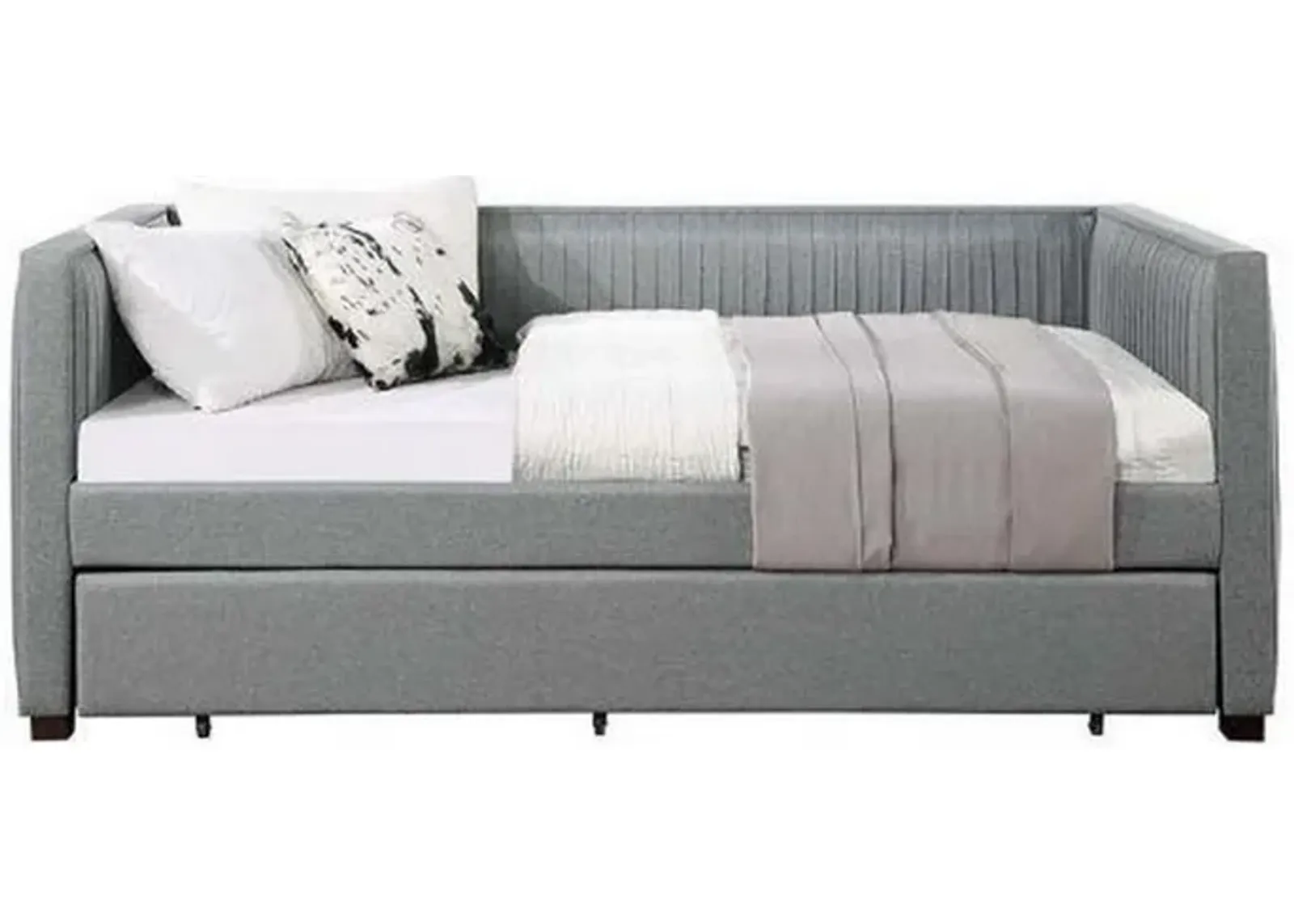 Classic Wood Daybed with Trundle, Upholstered, Pleated Design, Gray Fabric-Benzara