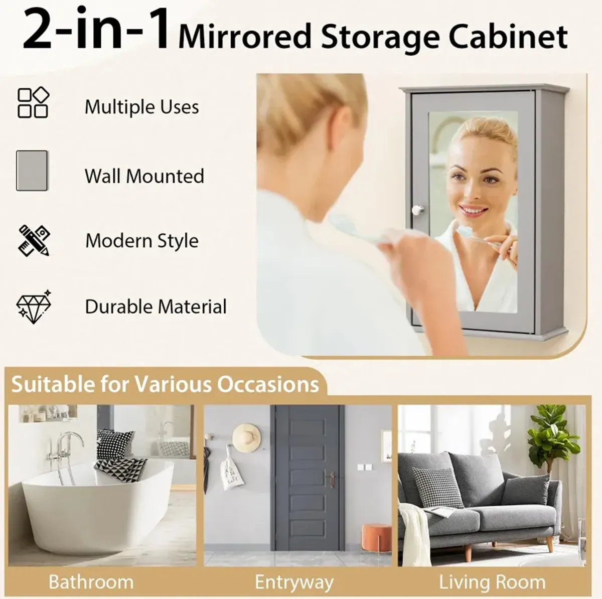 Bathroom Wall Cabinet with Single Mirror Door-Gray