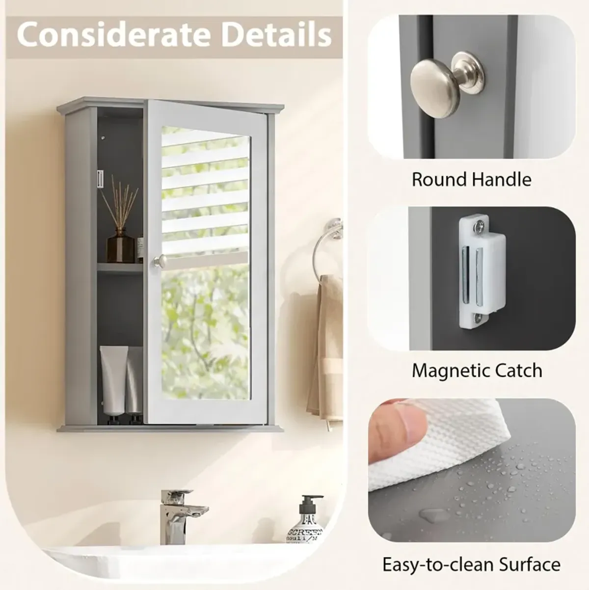 Bathroom Wall Cabinet with Single Mirror Door-Gray