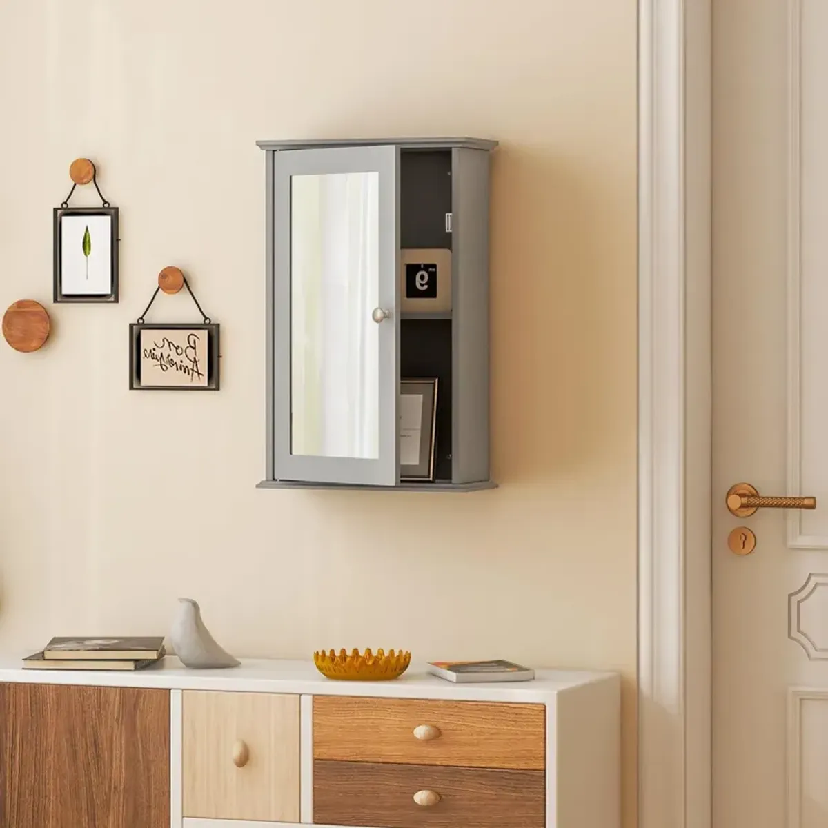 Bathroom Wall Cabinet with Single Mirror Door-Gray