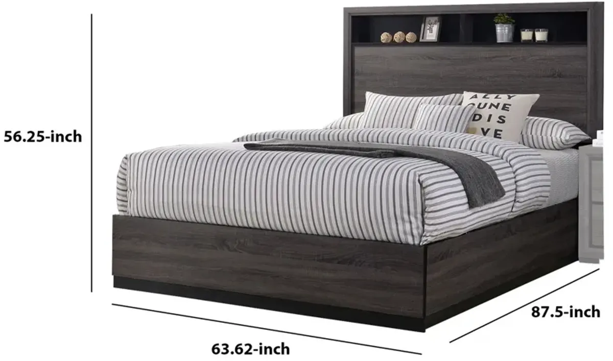 Transitional Wooden Queen Size Platform Bed with Bookcase Headboard, Gray-Benzara