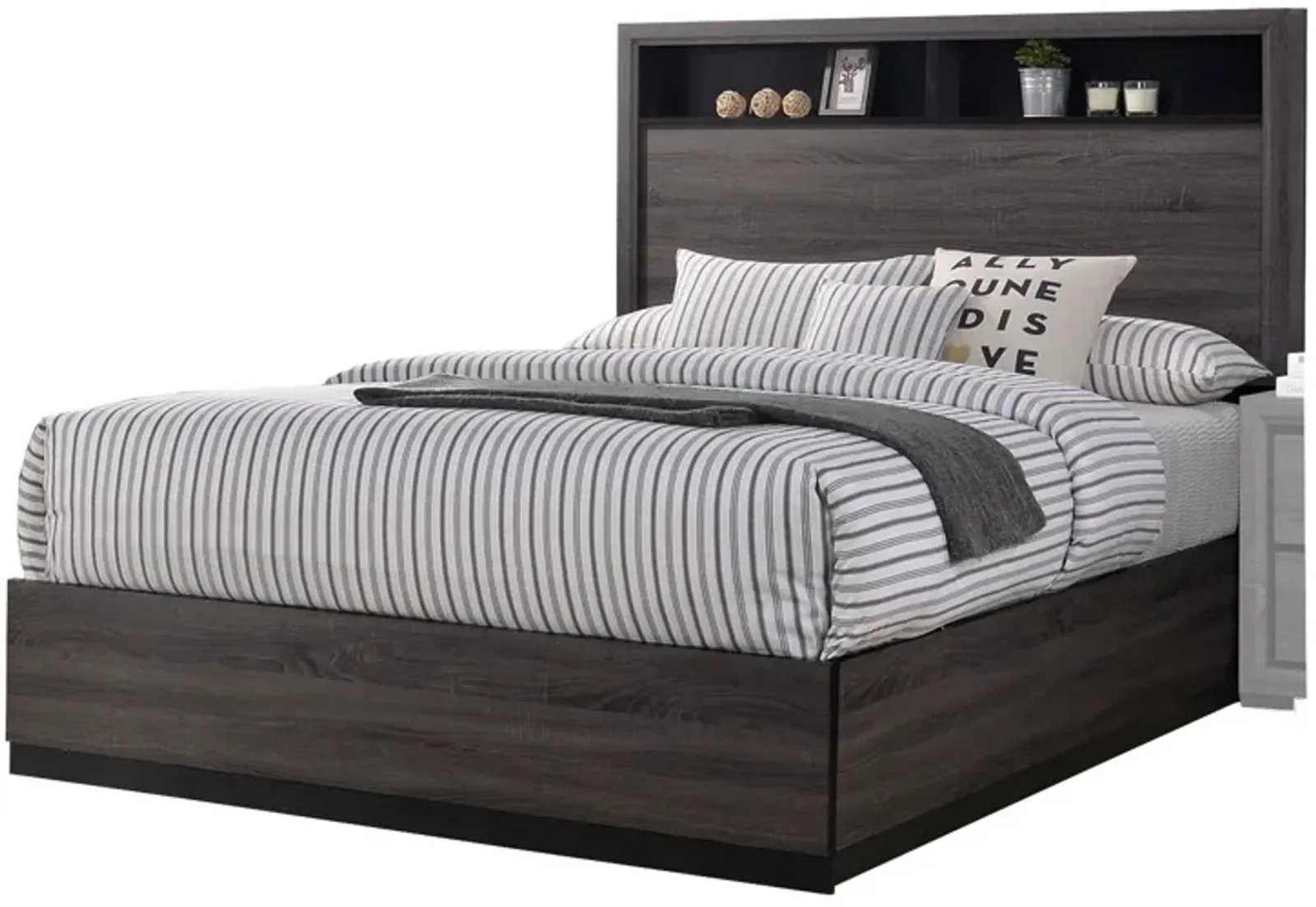 Transitional Wooden Queen Size Platform Bed with Bookcase Headboard, Gray-Benzara