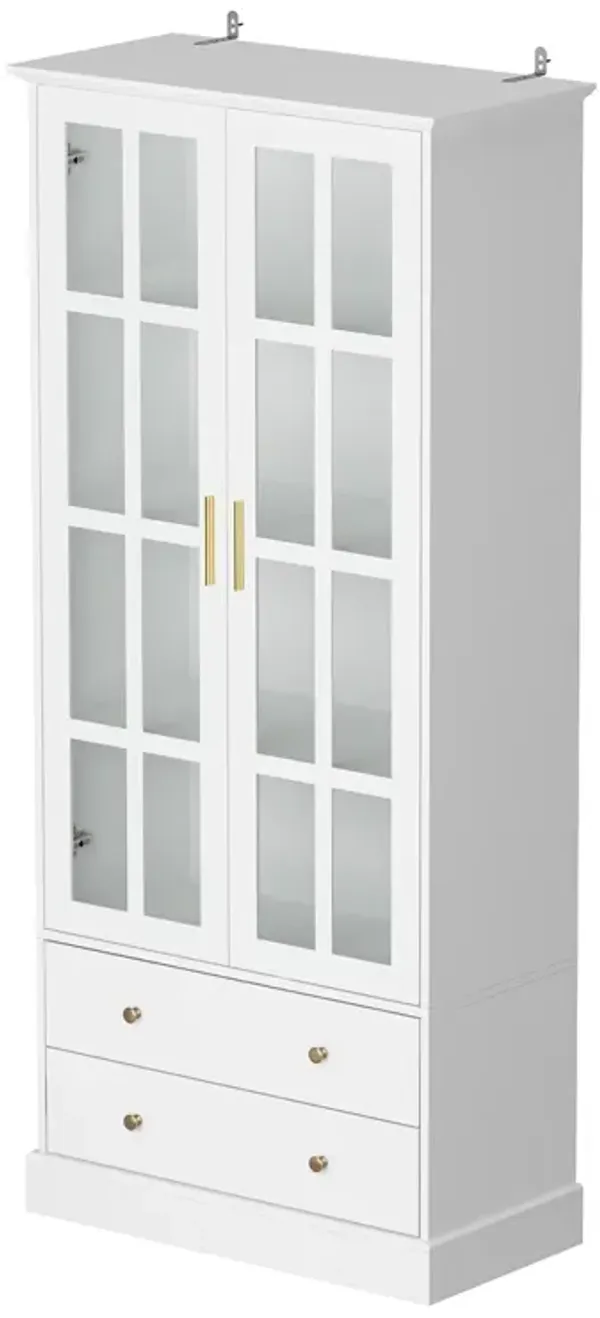 FUFU&GAGA Modern Bookcase with Glass Doors, 3 Fixed Shelves, and Spacious Drawers, Elegant Storage Cabinet for Living Room, Office, and Bedroom (70.1"H x 31.5"W x 15.4"D)