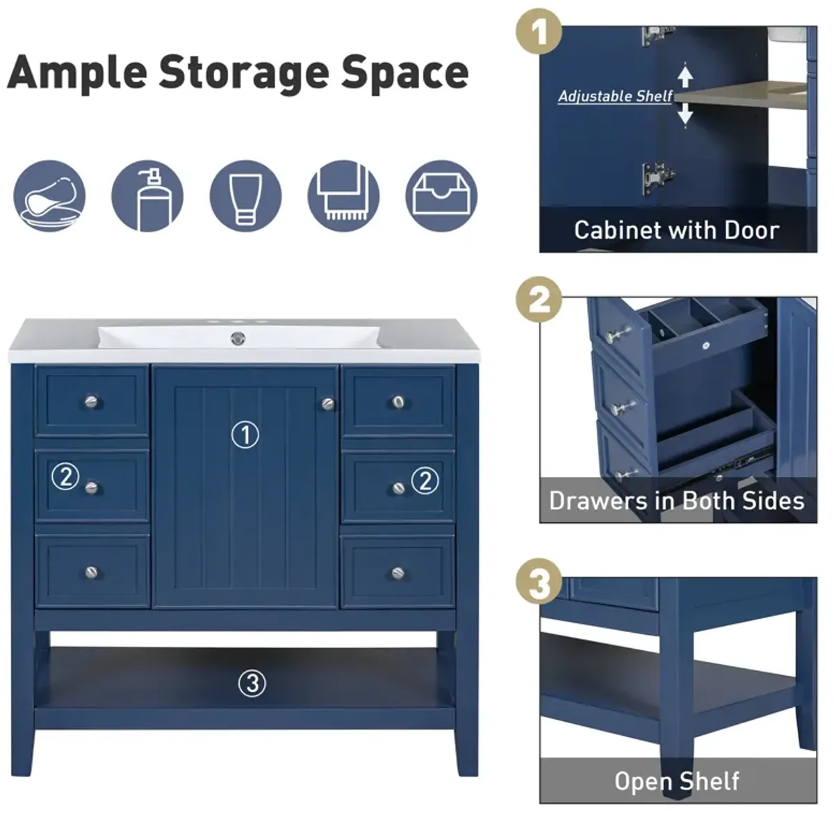 Gewnee 36" Bathroom Vanity with Sink Combo, One Cabinet and Three Drawers, Solid Wood and MDF Board