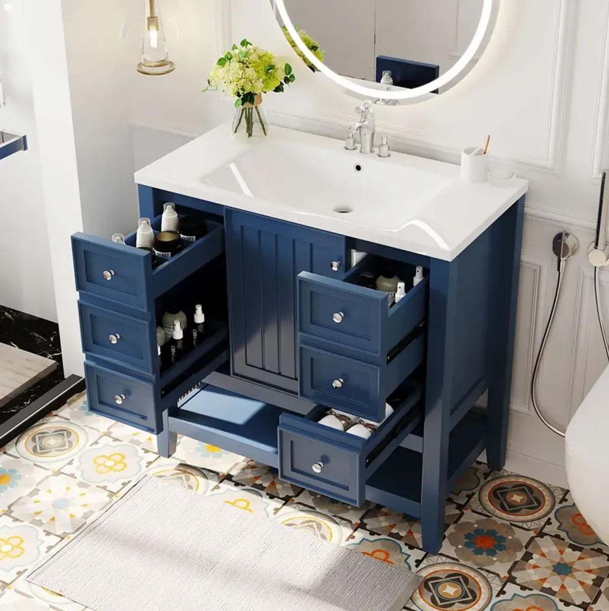 Gewnee 36" Bathroom Vanity with Sink Combo, One Cabinet and Three Drawers, Solid Wood and MDF Board