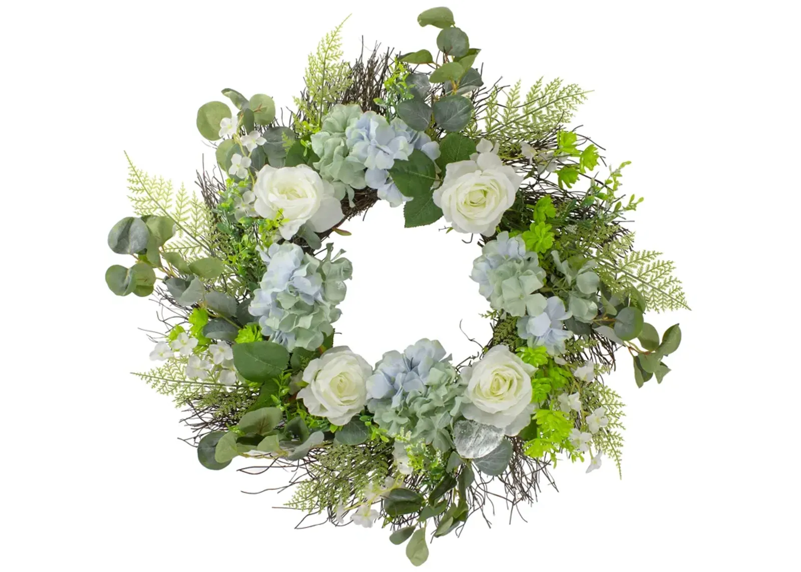 Hydrangea  Rose and Geranium Artificial Floral Spring Wreath  White and Blue - 24-Inch