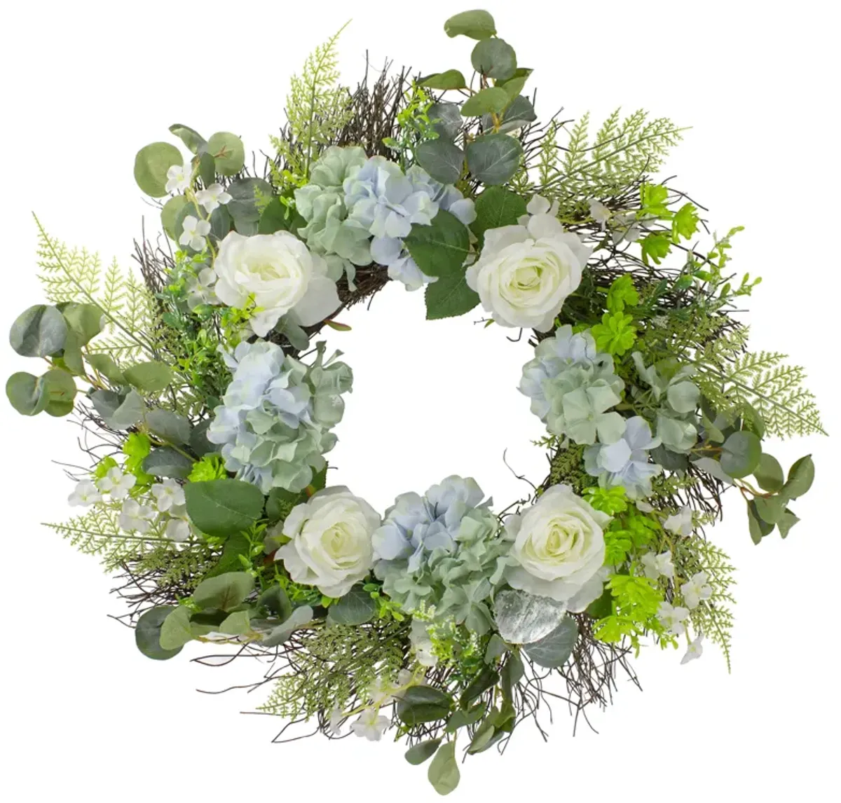 Hydrangea  Rose and Geranium Artificial Floral Spring Wreath  White and Blue - 24-Inch