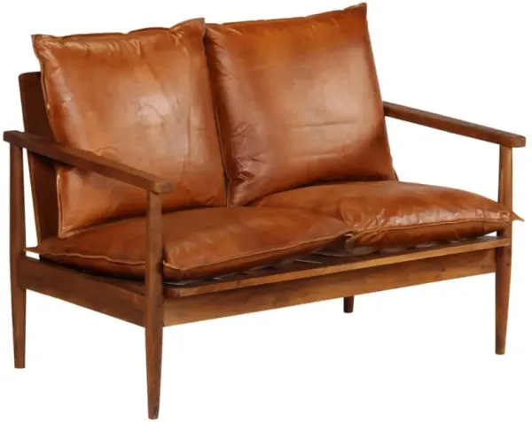 vidaXL 2-Seater Sofa Real Leather with Acacia Wood Brown