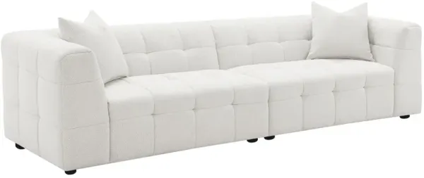 Lopo 114 Inch Long Sofa, Grid Tufted Off White Fabric 2 Accent Pillows - Benzara