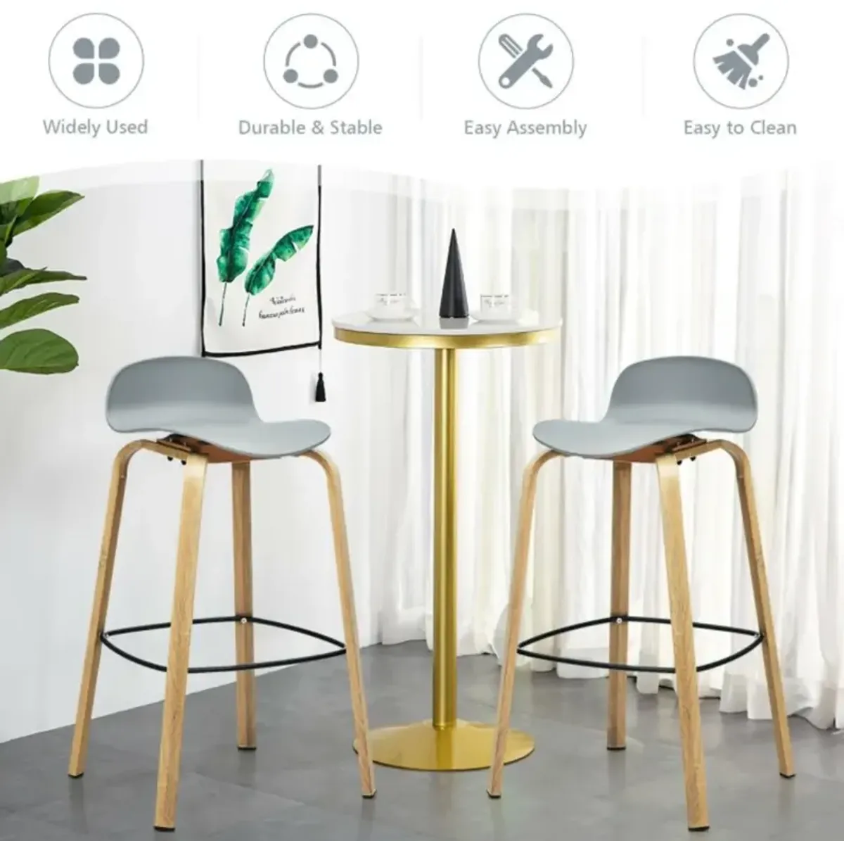 Hivvago Set of 2 Modern Barstools Pub Chairs with Low Back and Metal Legs