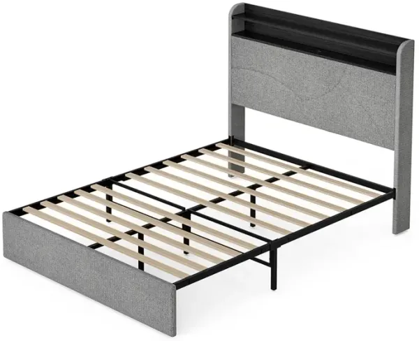 BELLEZE Queen Size Platform Bed Frame with Headboard and Charging Station, LED Light Bed Frame, 11.5" Under Bed Storage, Wooden Slats Support, No Box Spring Needed - Cove (Grey)