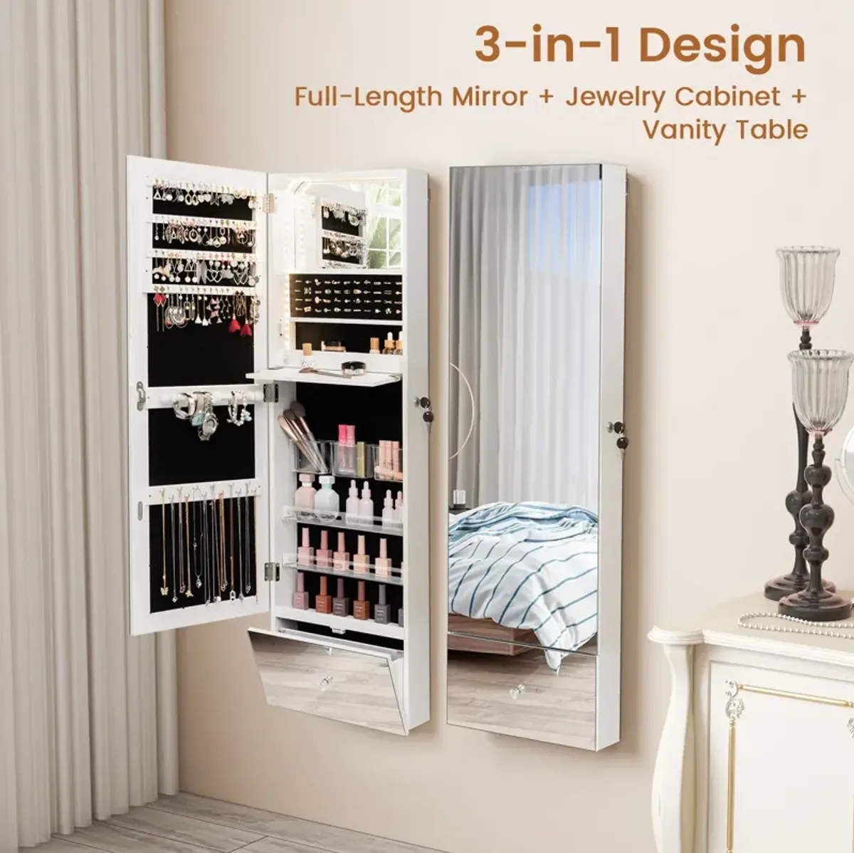 Wall Mounted Jewelry Armoire Organizer with Full-Length Frameless Mirror-White