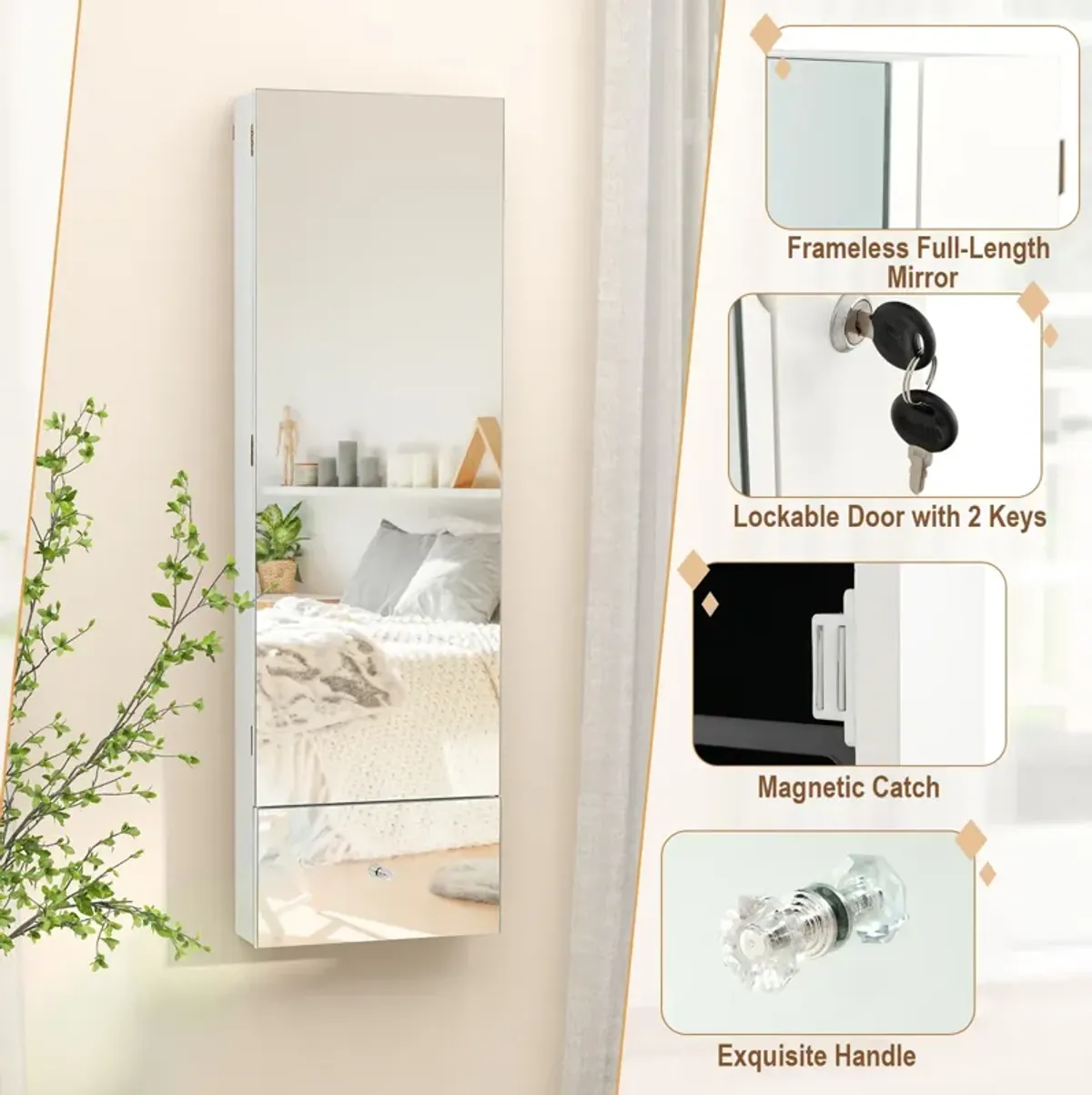 Wall Mounted Jewelry Armoire Organizer with Full-Length Frameless Mirror-White