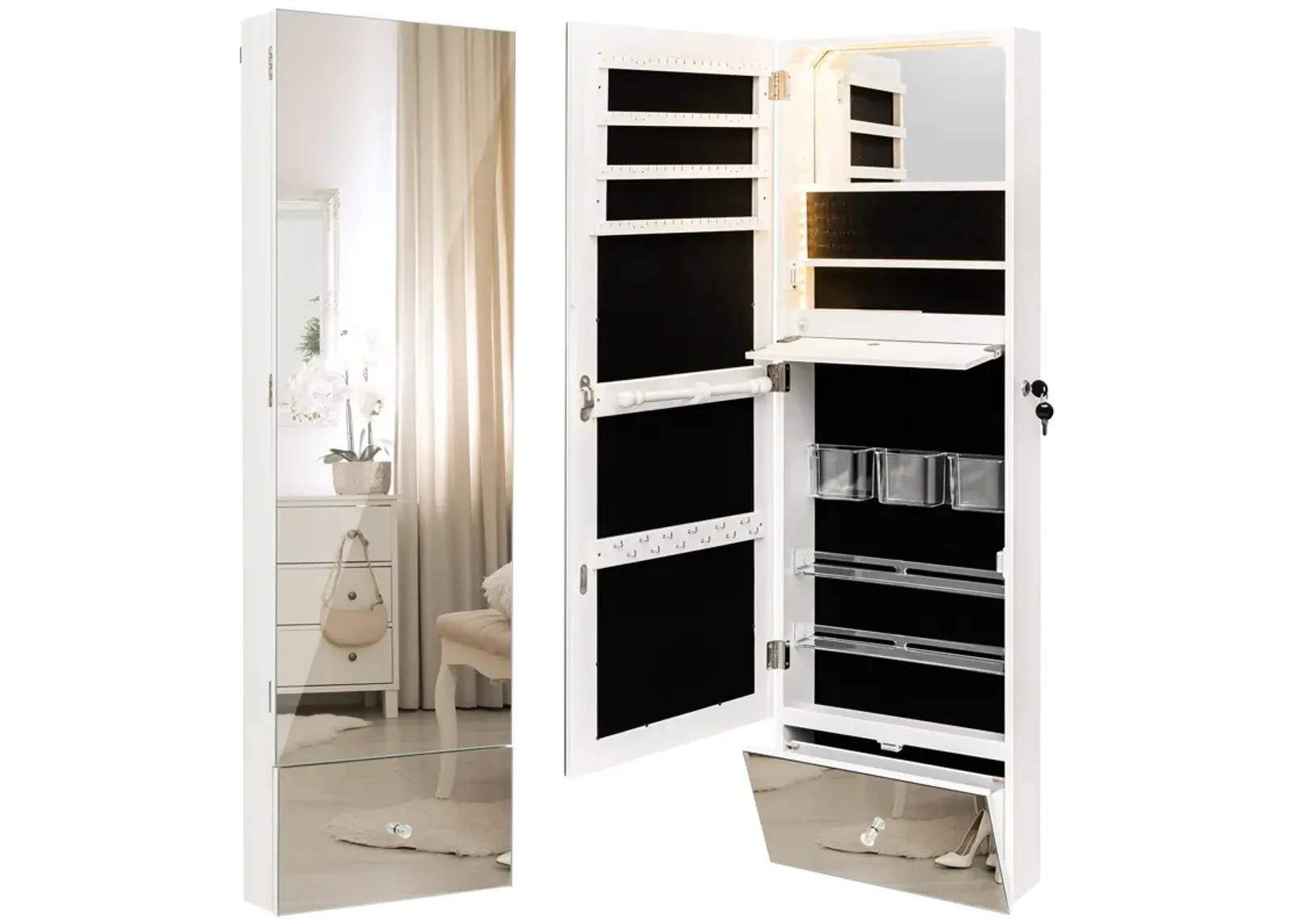 Wall Mounted Jewelry Armoire Organizer with Full-Length Frameless Mirror-White