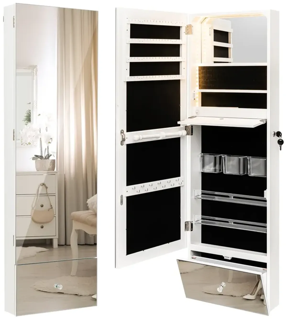 Wall Mounted Jewelry Armoire Organizer with Full-Length Frameless Mirror-White