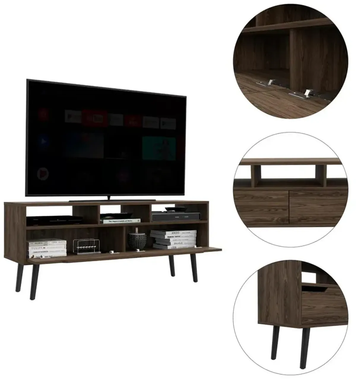 DEPOT E-SHOP Kobe Tv Stand, Countertop, Three Open Shelves, Two Flexible Drawers, Four Legs- Dark Walnut, For Living Room