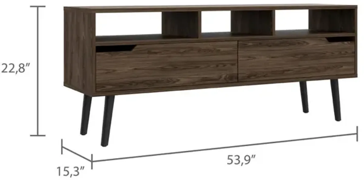 DEPOT E-SHOP Kobe Tv Stand, Countertop, Three Open Shelves, Two Flexible Drawers, Four Legs- Dark Walnut, For Living Room