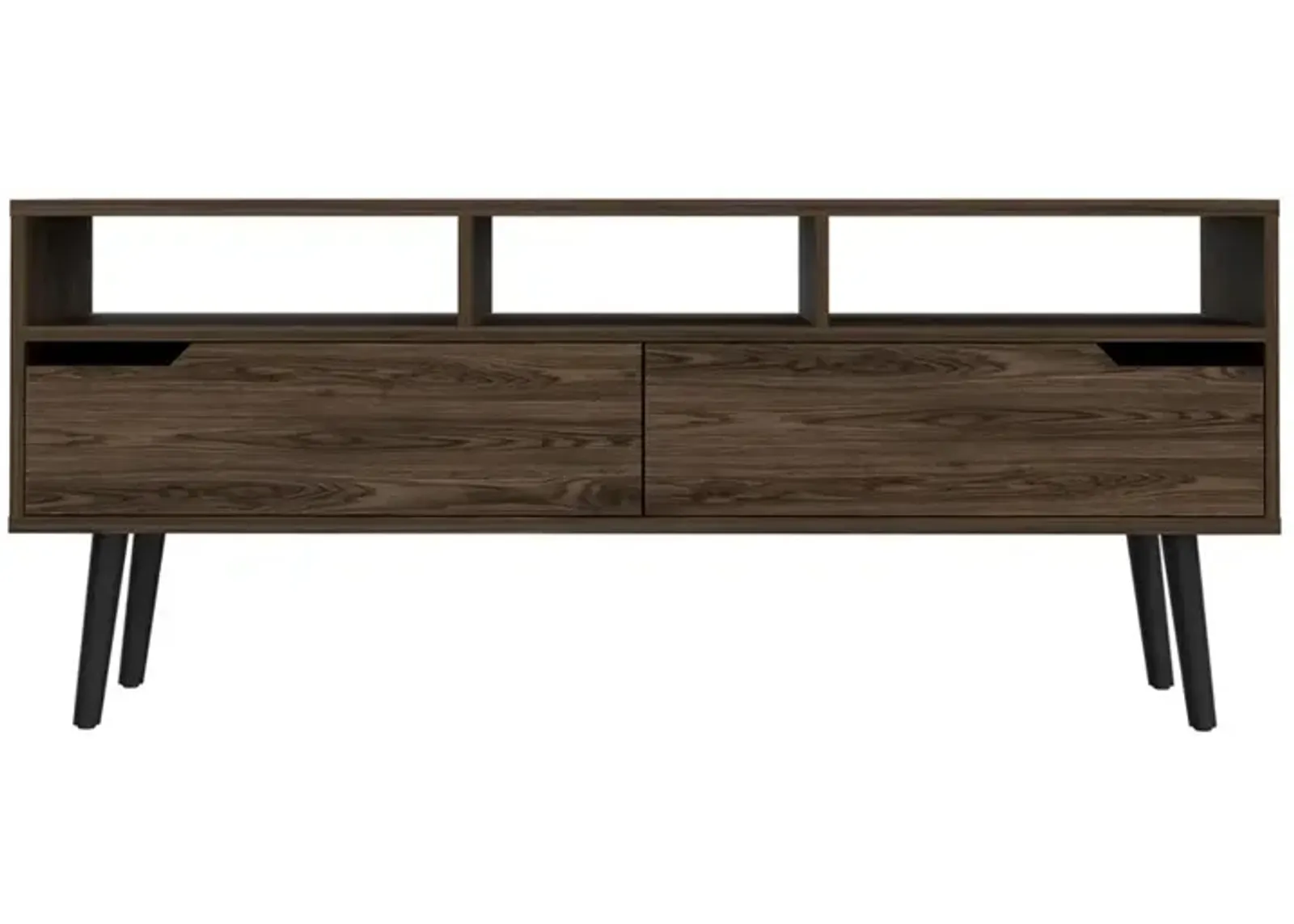 DEPOT E-SHOP Kobe Tv Stand, Countertop, Three Open Shelves, Two Flexible Drawers, Four Legs- Dark Walnut, For Living Room