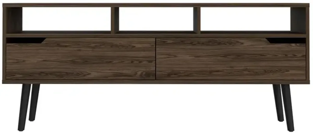 DEPOT E-SHOP Kobe Tv Stand, Countertop, Three Open Shelves, Two Flexible Drawers, Four Legs- Dark Walnut, For Living Room