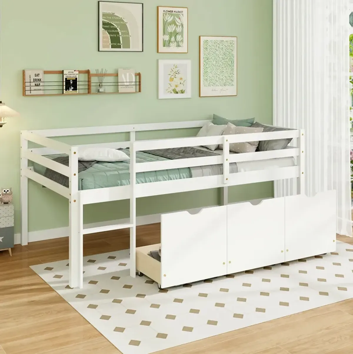 Twin Size Low Loft Bed with 3 Drawers with Ladder and Full-length Guardrails