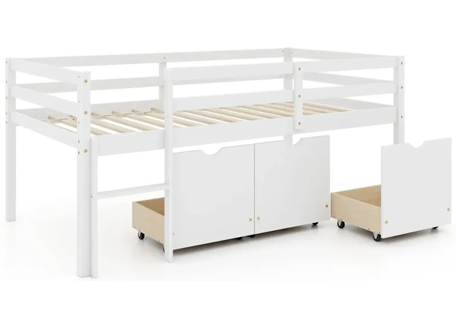 Twin Size Low Loft Bed with 3 Drawers with Ladder and Full-length Guardrails