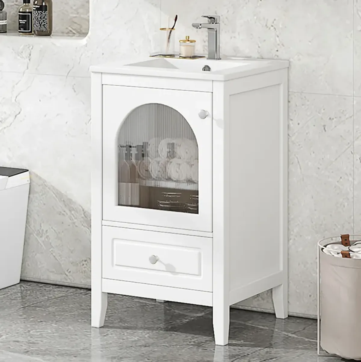Whisen 20" Bathroom Vanity with Sink, Bathroom Cabinet with Curved Glass Door and Drawer - White