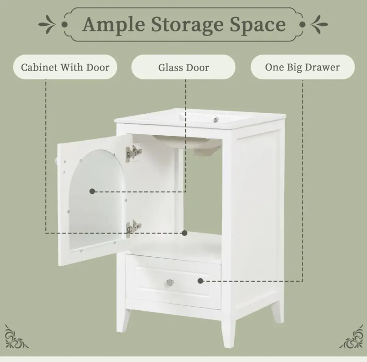 Whisen 20" Bathroom Vanity with Sink, Bathroom Cabinet with Curved Glass Door and Drawer - White