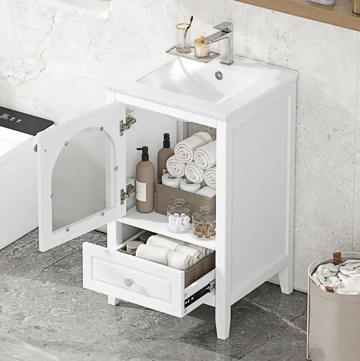 Whisen 20" Bathroom Vanity with Sink, Bathroom Cabinet with Curved Glass Door and Drawer - White