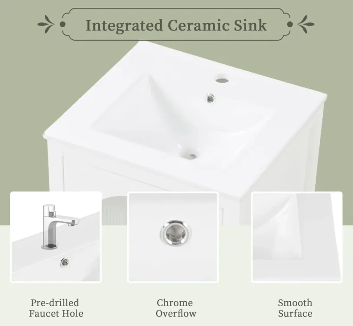 Whisen 20" Bathroom Vanity with Sink, Bathroom Cabinet with Curved Glass Door and Drawer - White