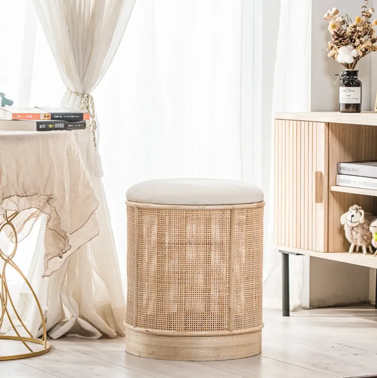 Wood and Velvet Salon Pouf