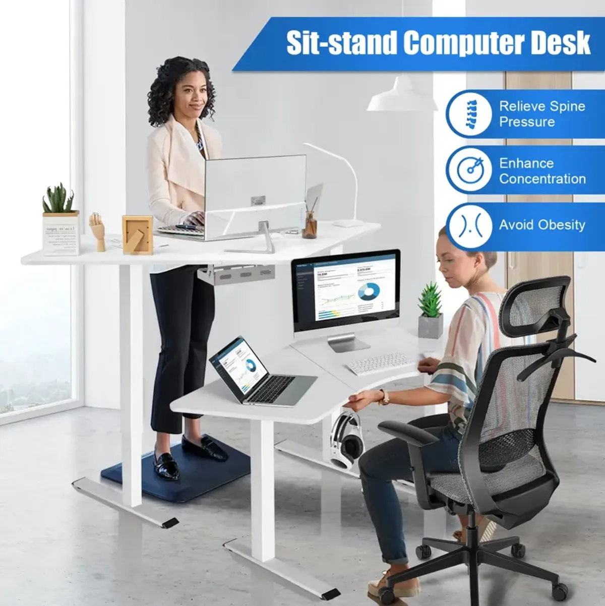 Costway Dual-motor L Shaped Standing Desk Ergonomic Sit Stand Computer Workstation Touch Control Panel Electric Height-adjustable Black Desktop Home Office