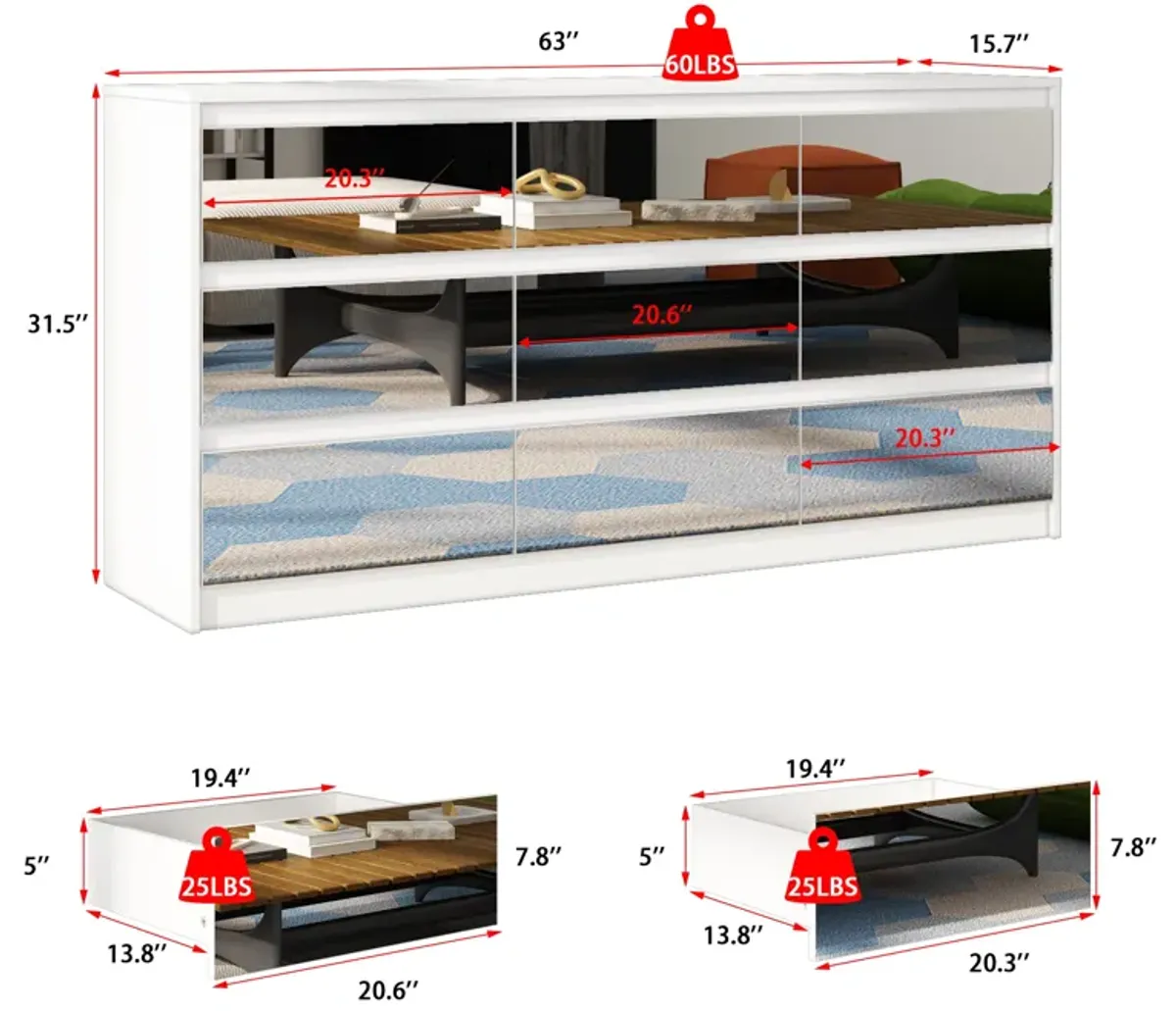 FUFU&GAGA Modern 9-Drawer Dresser with Mirrored Front and Spacious Storage (63" W x 31.5" H x 15.7" D),White