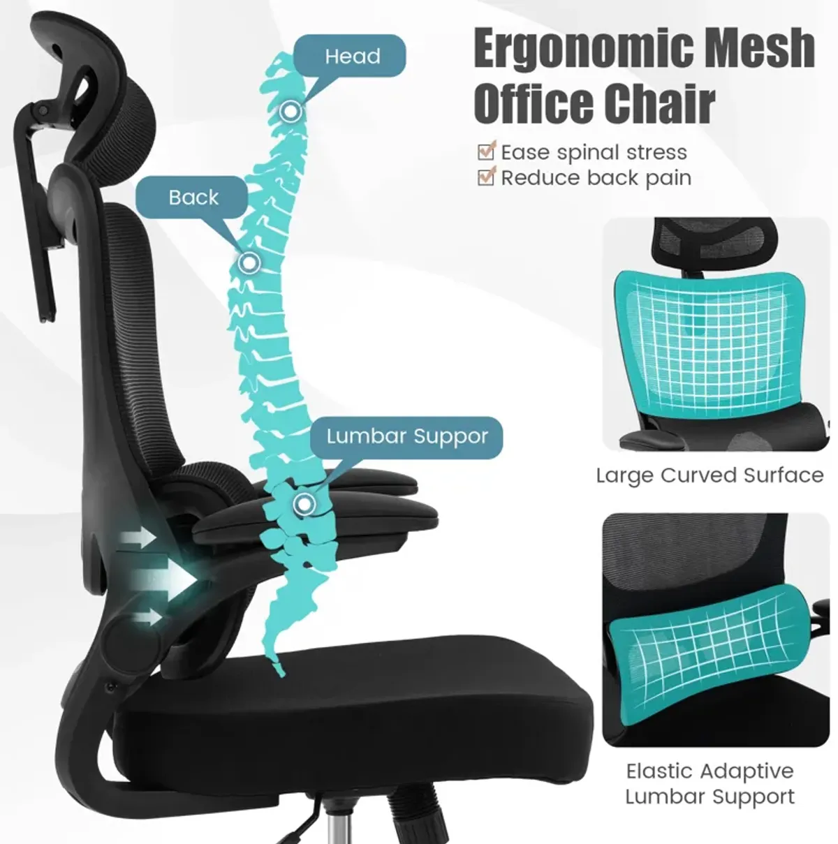 Mesh Office Chair with Adaptive Lumbar Support  Flip-up Armrests  Reclining Backrest-Black