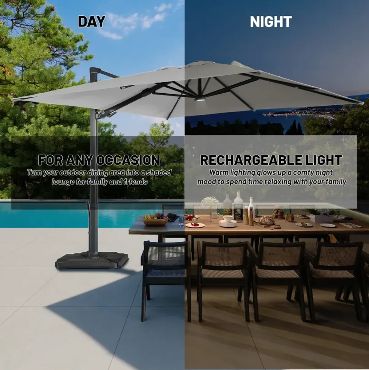 10 ft. 360° Rotation Square Cantilever Patio Umbrella with Base and LED Light in Gray