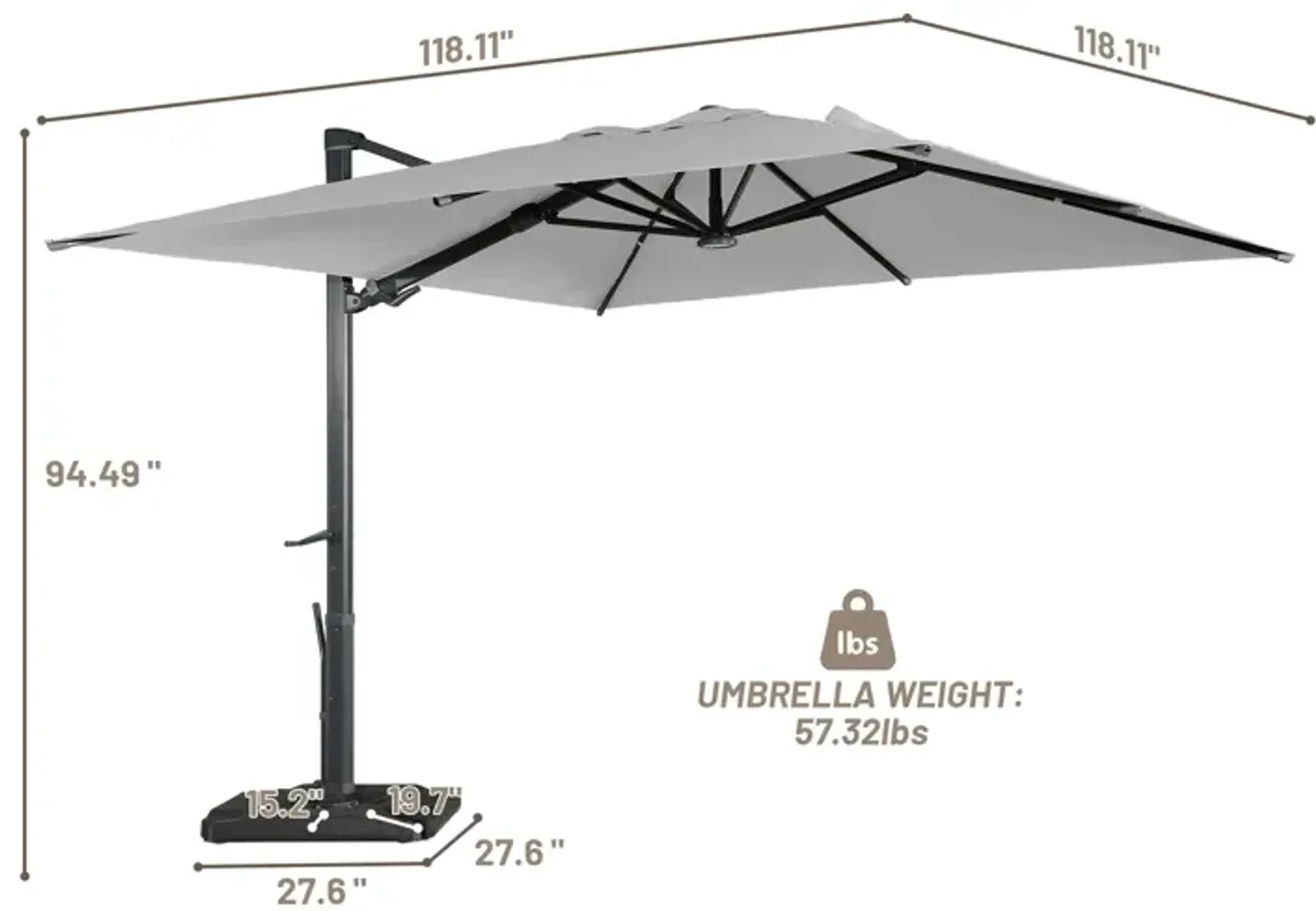 10 ft. 360° Rotation Square Cantilever Patio Umbrella with Base and LED Light in Gray