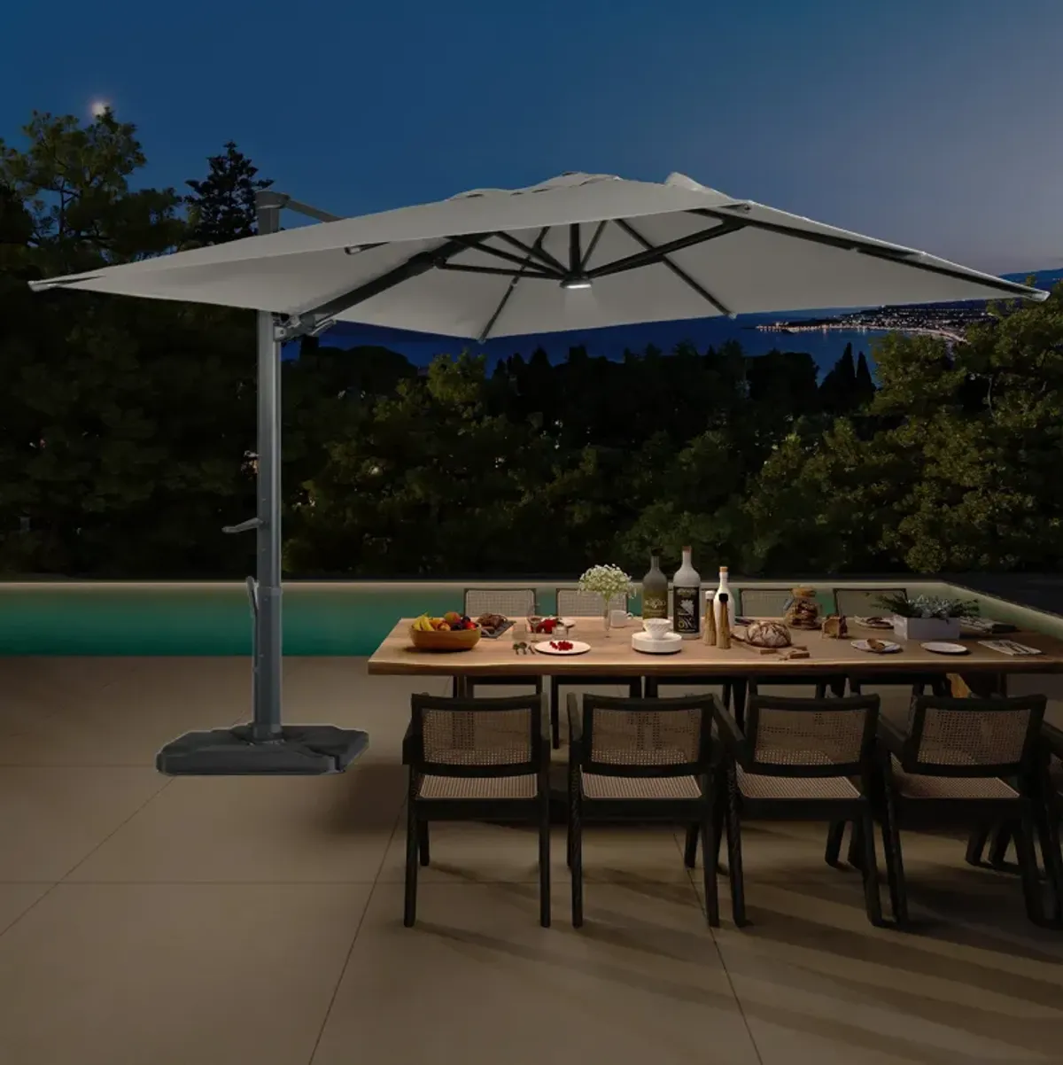 10 ft. 360° Rotation Square Cantilever Patio Umbrella with Base and LED Light in Gray