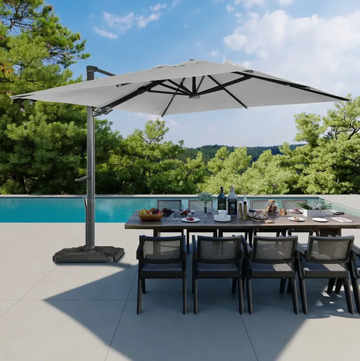 10 ft. 360° Rotation Square Cantilever Patio Umbrella with Base and LED Light in Gray